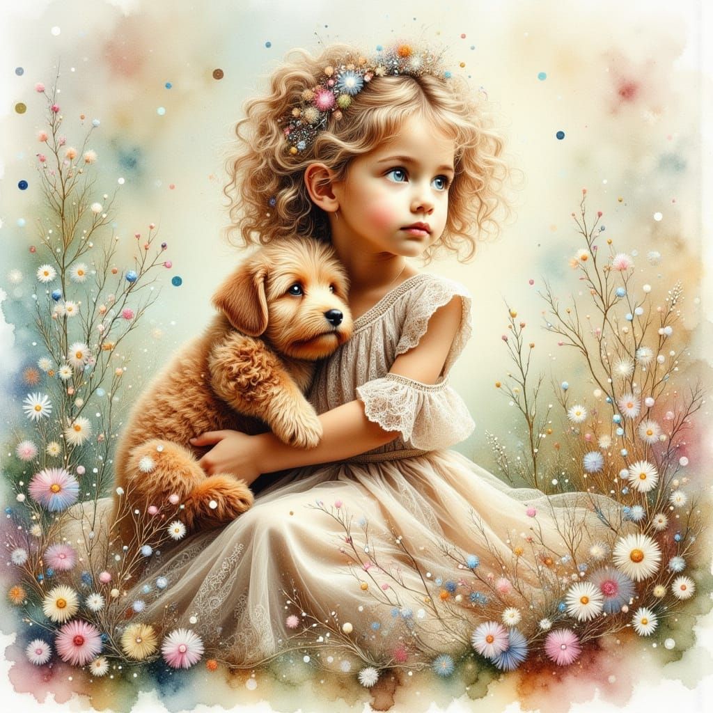Girl Hugs Golden Doodle Puppy Amidst Flowers