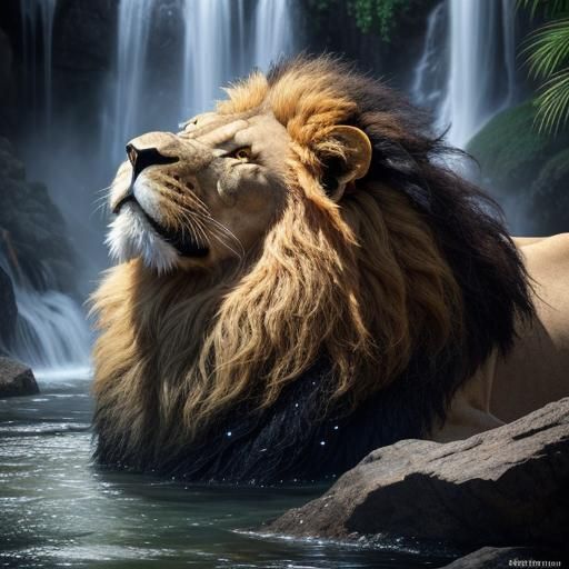 Lion Bathes in Moonlit Waterfall: Hyperrealistic Splash Art