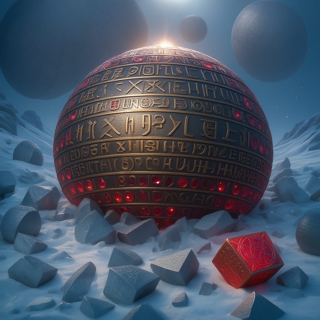 Hyperrealistic Engraved Bronze Sphere Glowing on Ice