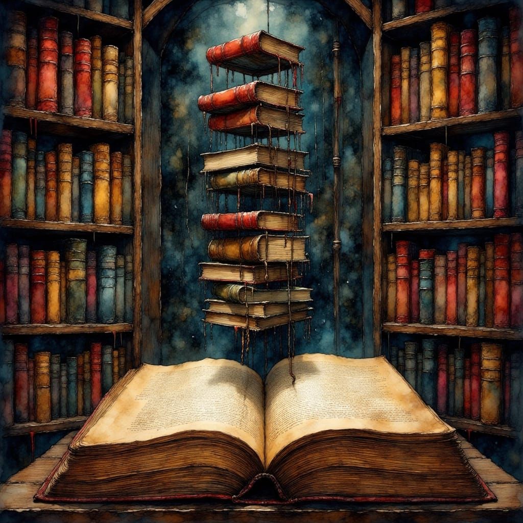 Surreal Floating Books with Ladders: Ornate and Intricate