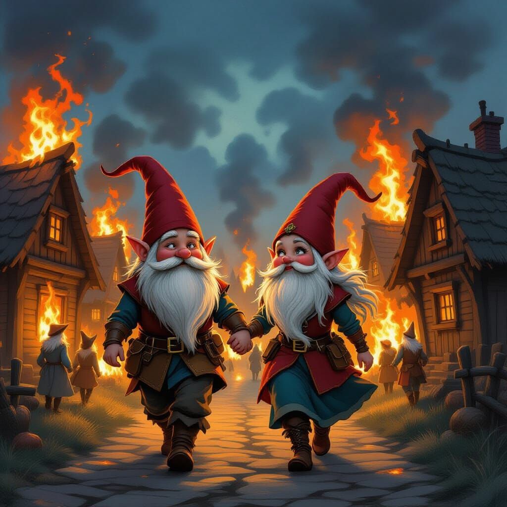 Gnomes Dancing Joyfully Through a Burning Village