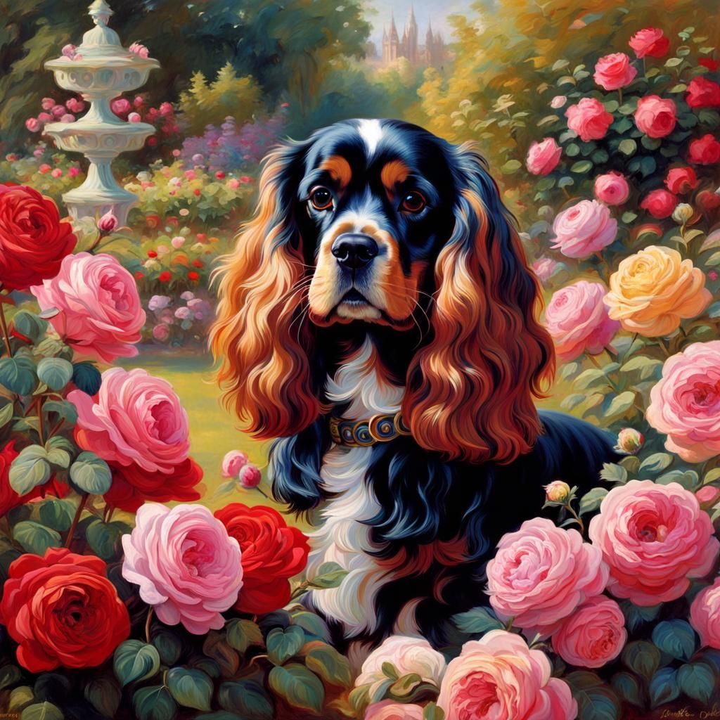 King Charles Spaniel in Rose Garden