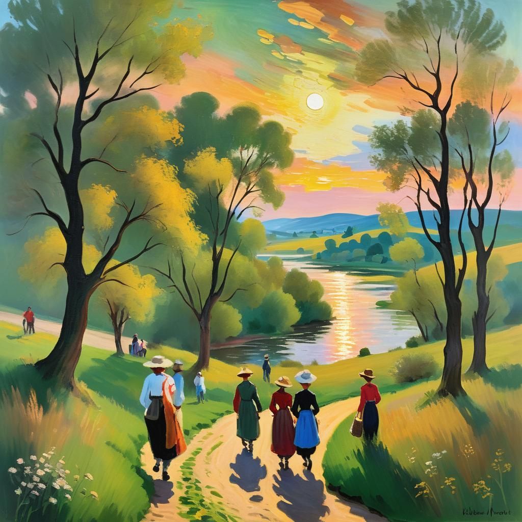 Idyllic River Landscape in Impressionist Oil Painting