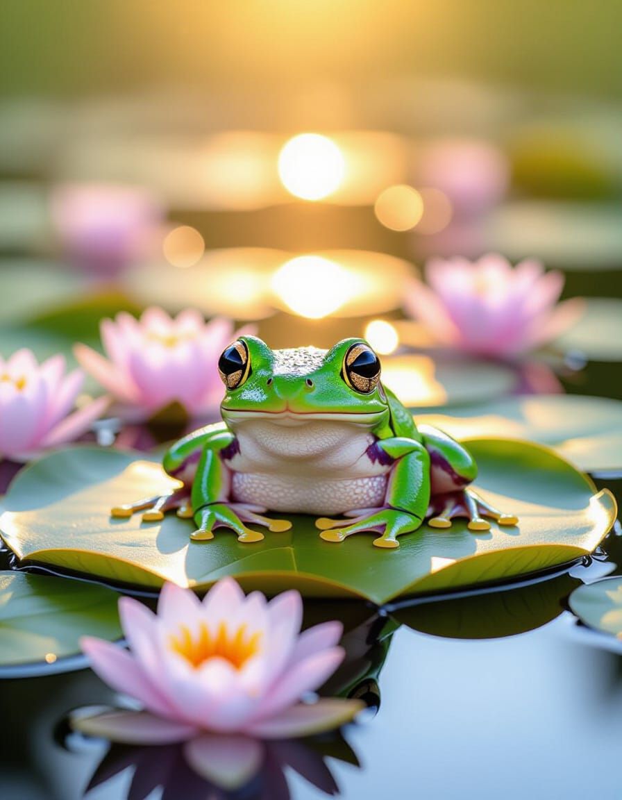 Adorable Green Tree Frog on Lily Pad Macro Photo