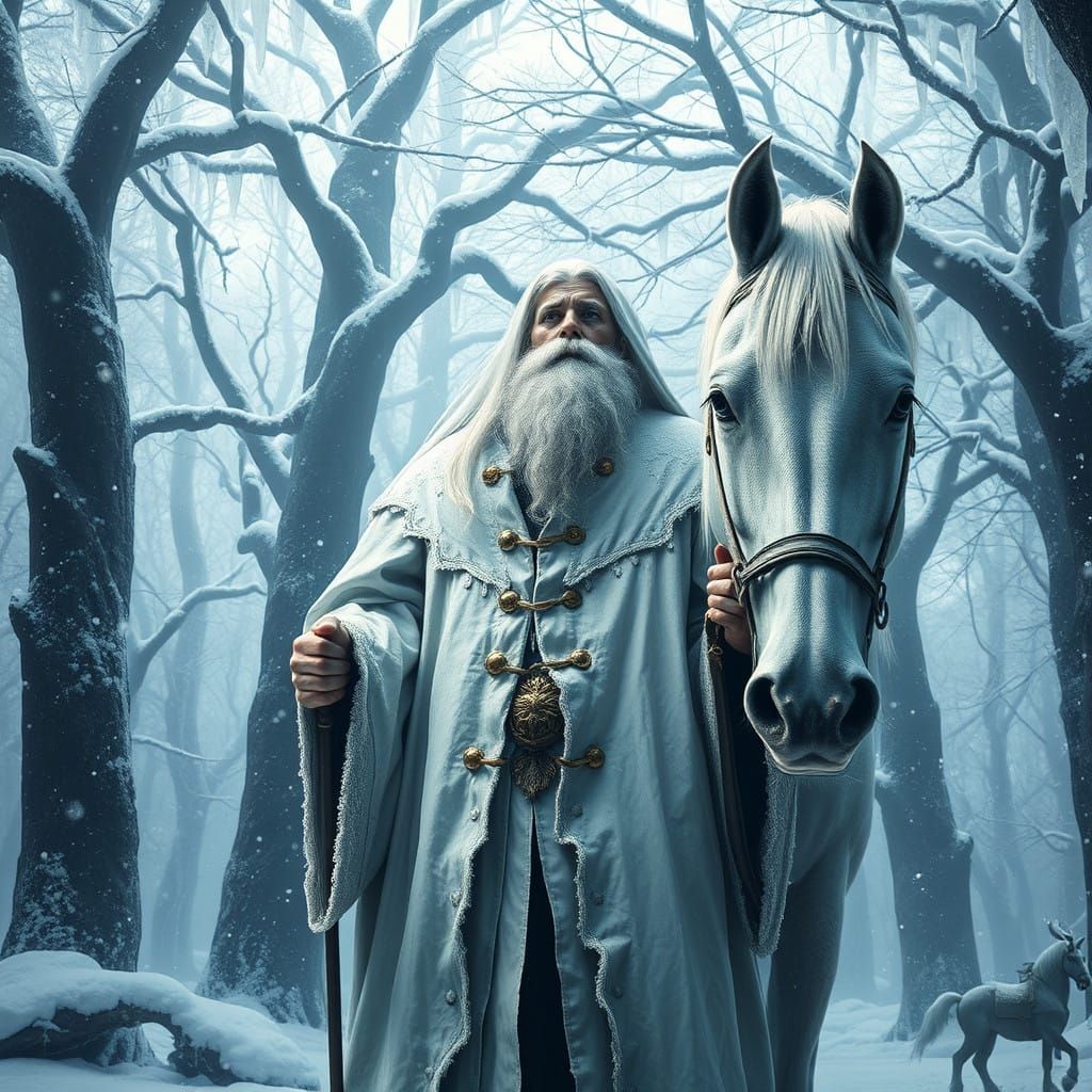 Enchanted Ice Wizard in Snowy Forest with Majestic White Hor...