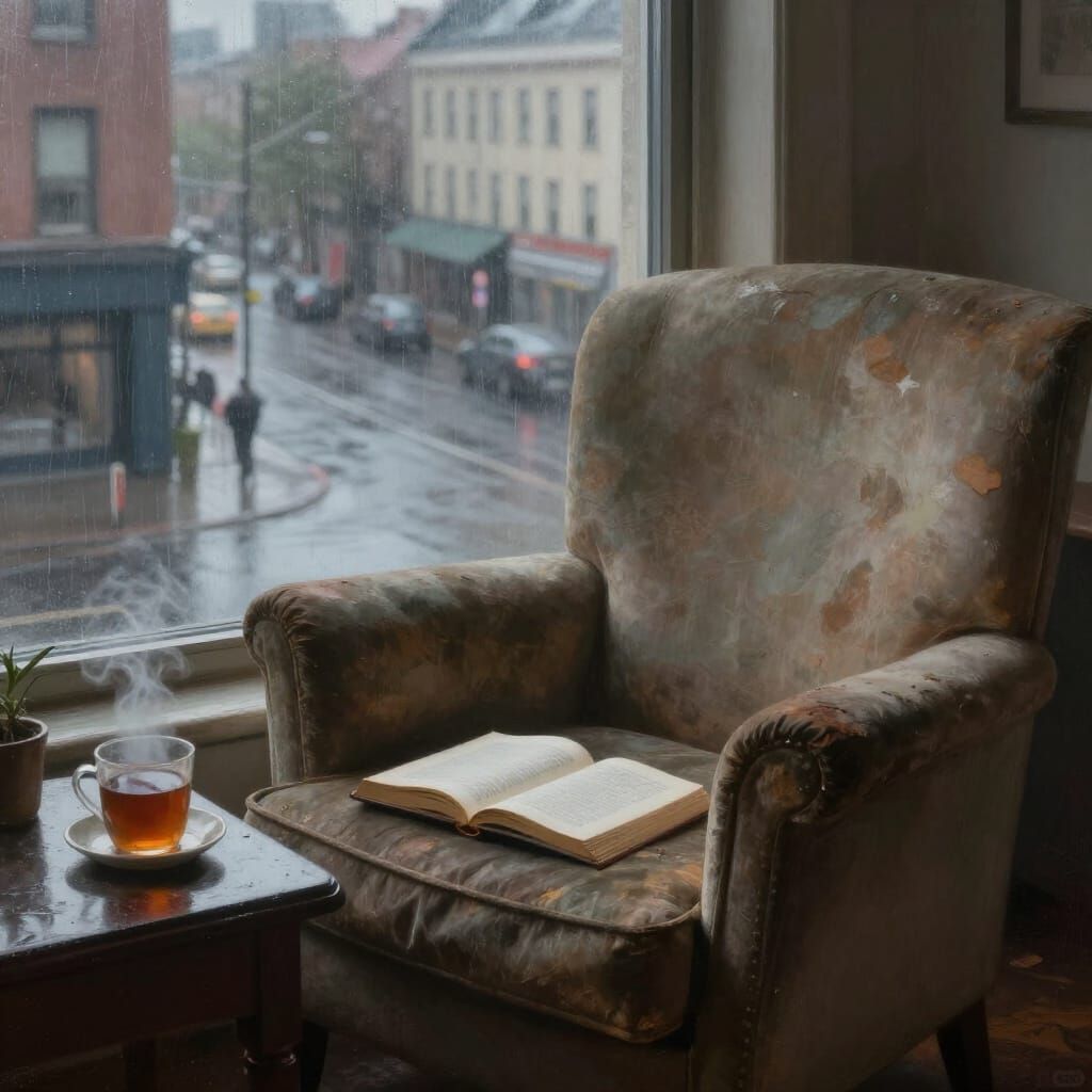 Cozy Armchair by Rainy City Window in Early Morning