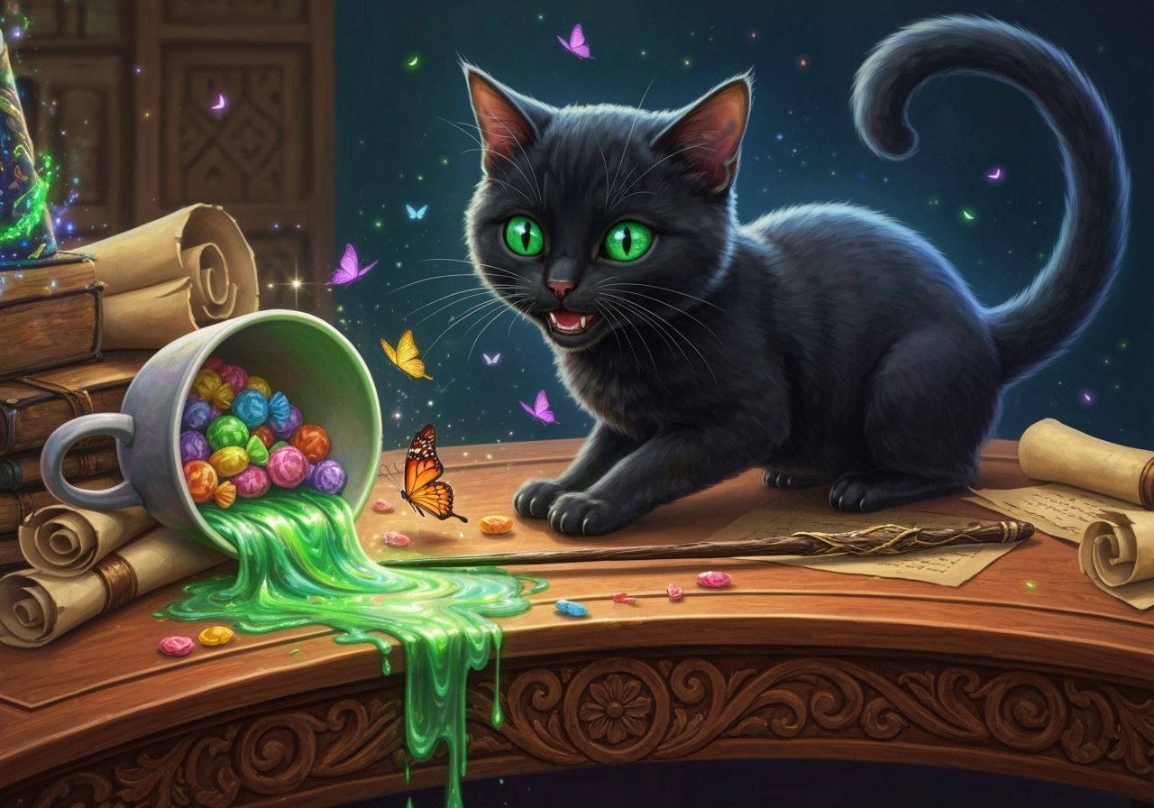 Magical Kitten Spills Rainbow Candies and Potions