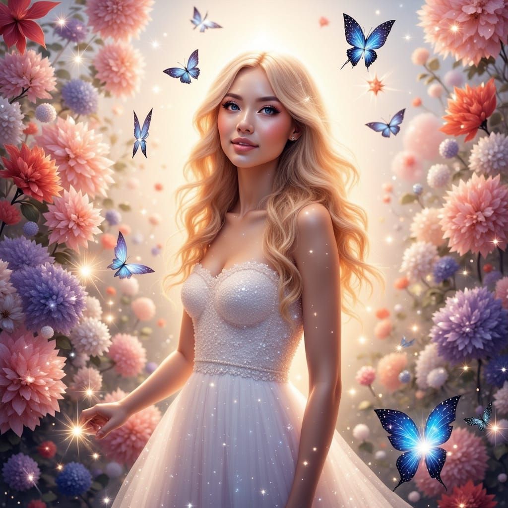 Dreamlike Floral Scene with Woman and Butterflies