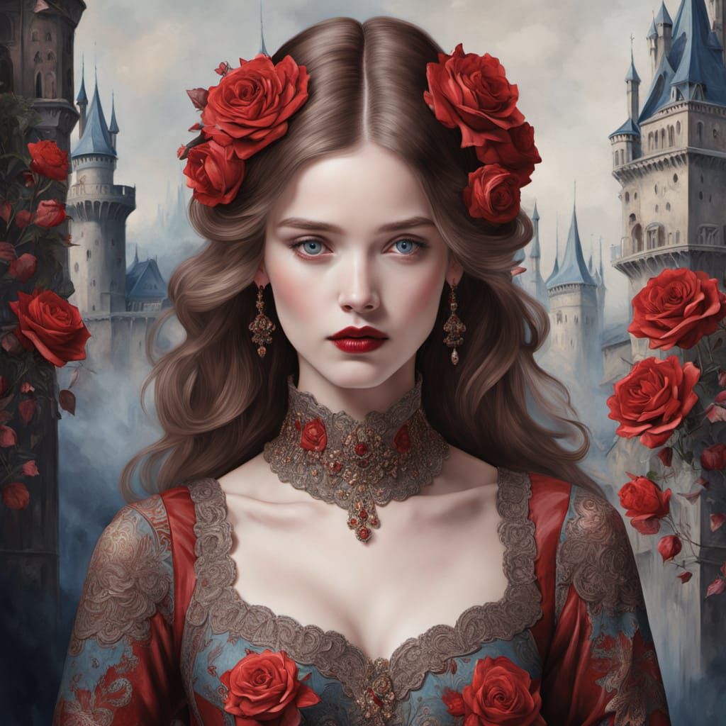 Woman in Red Dress with Castle Detail, Fantasy Portrait