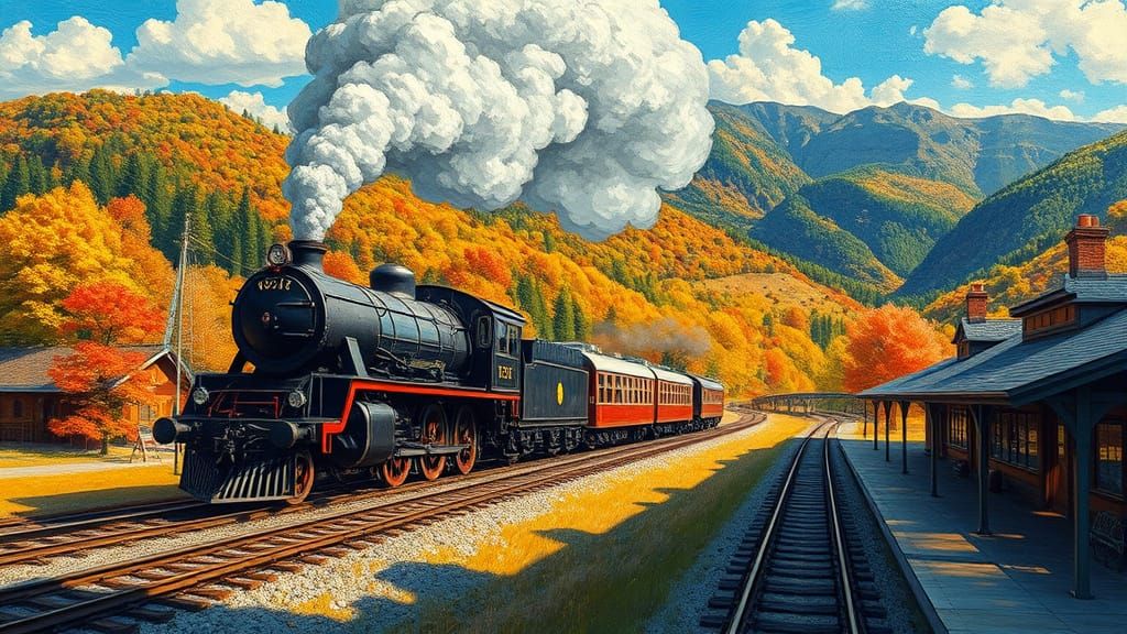 Steam Train Through Valley in Neo-Impressionism Style