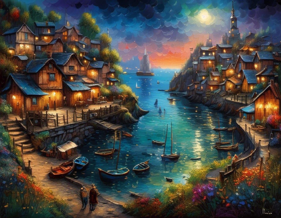 Impressionist Seaside Village at Night in Alcohol Ink