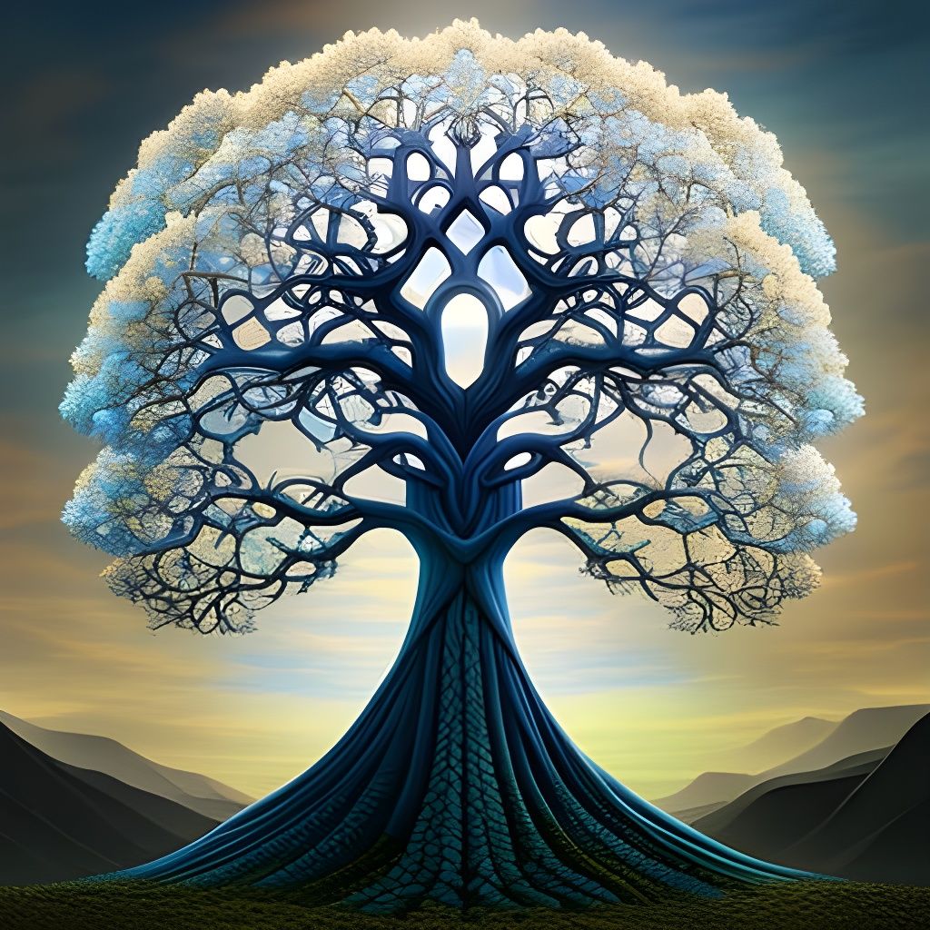Blue Floral Heart Tree of Life: Digital Art