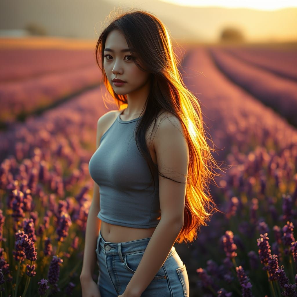 Serene Japanese Woman in Lavender Field at Sunset