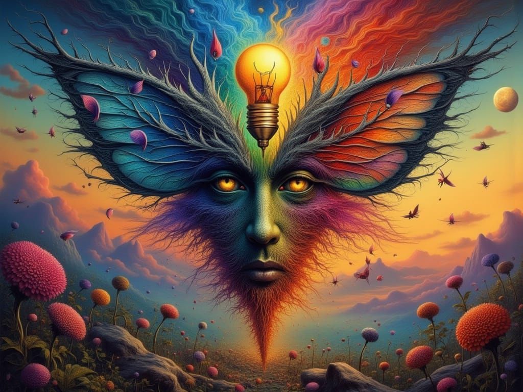 Surreal Butterfly Lightbulb in Forest Fire Landscape