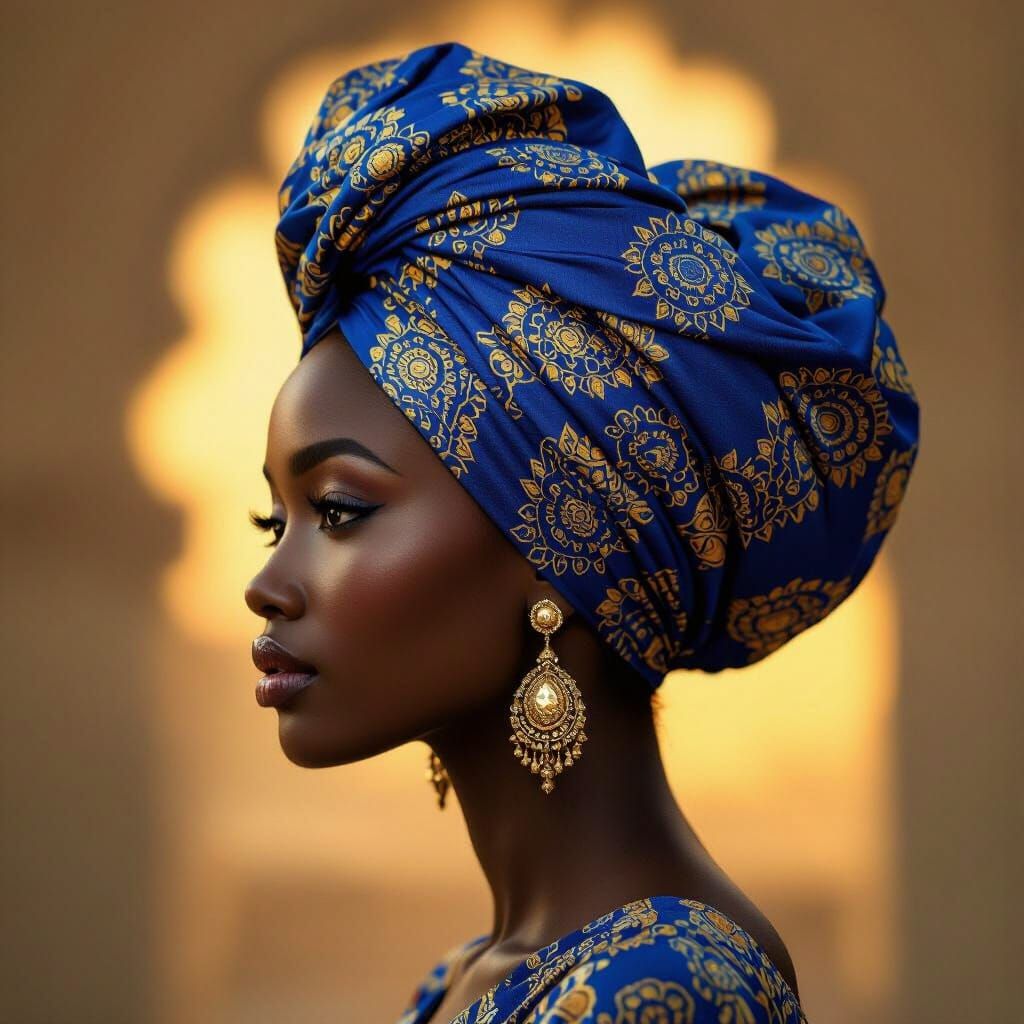 Regal Indigo Woman in Ornate Blue Turban