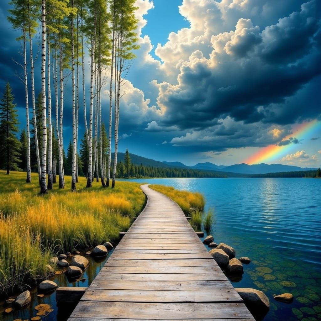 Majestic Lake Landscape in Whimsical Style