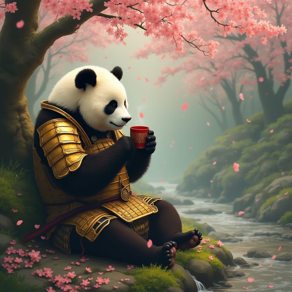 Panda Bear in Golden Armor in Japanese Forest