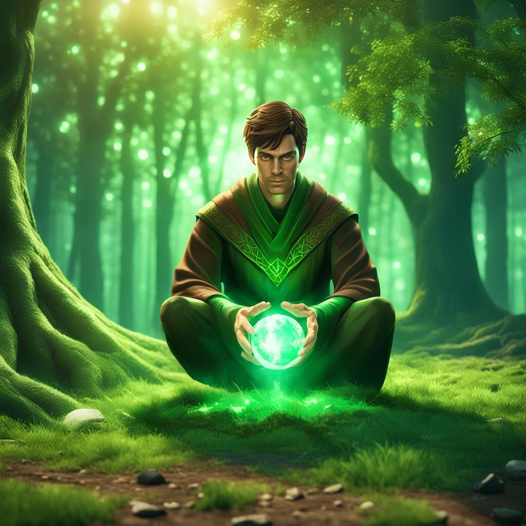 Green Mage Casting Magic in Forest, 3D Render