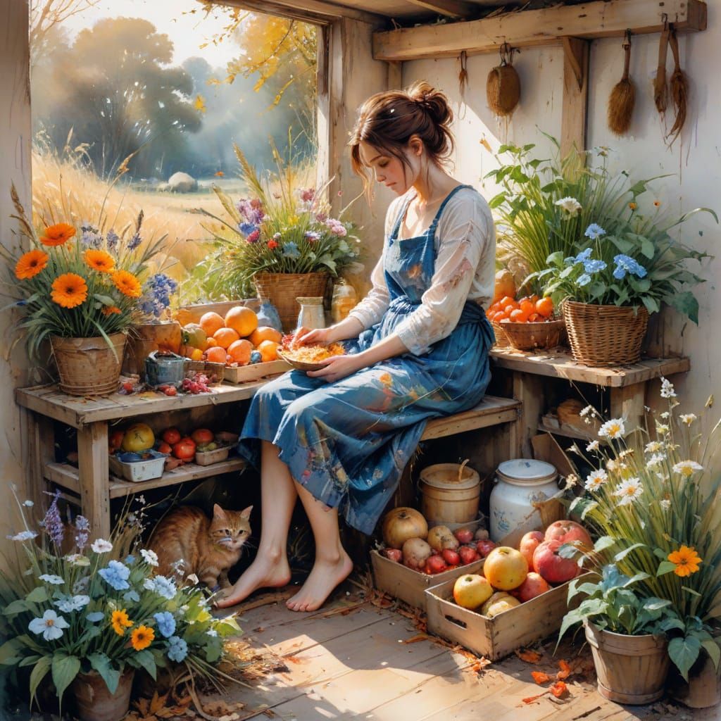 Autumn Farm Stand in Expressive Watercolor Style