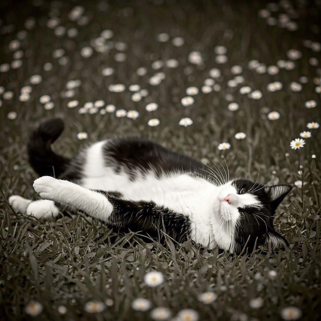 Serene Black and White Tuxedo Cat in a Lush Summer Meadow