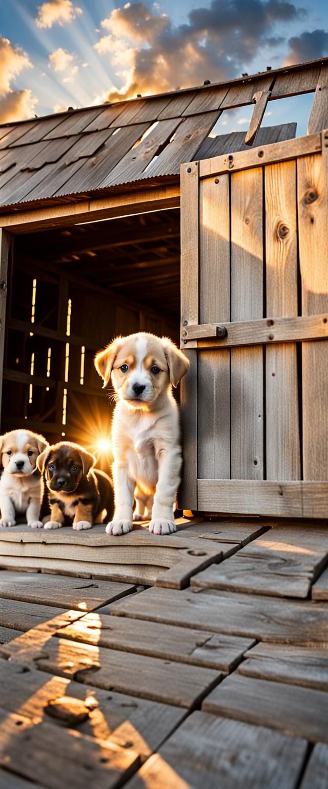 Puppies Greet Sunrise in Barn