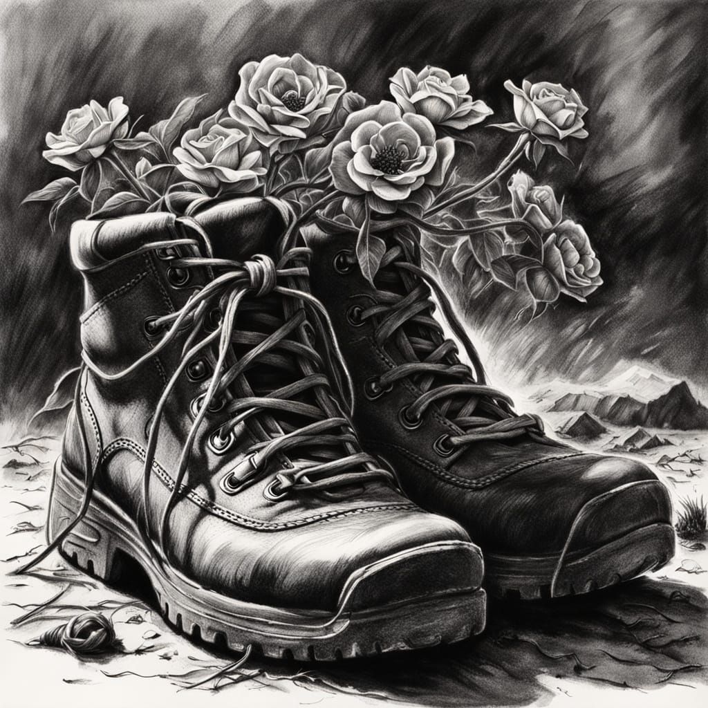 Wild Roses Sprout from Hiking Boot: Charcoal Drawing
