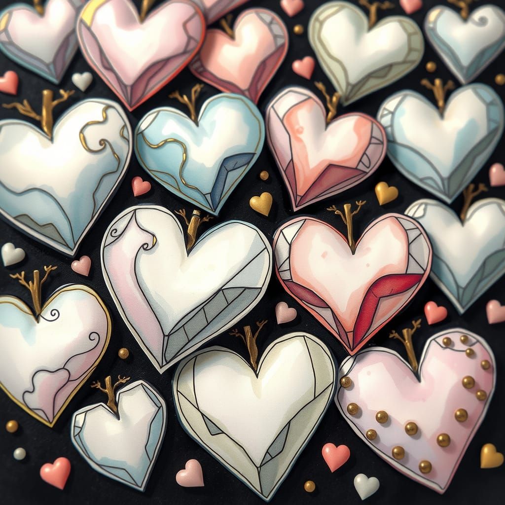 Soft Focus Cubist Hearts in Luxurious Art Deco Style