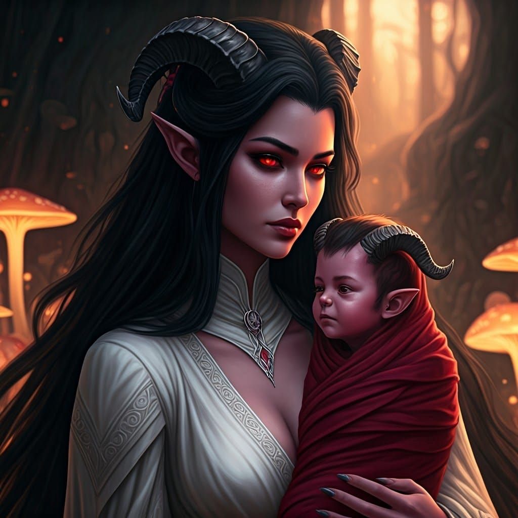 Tiefling Mother and Child in Ethereal Forest