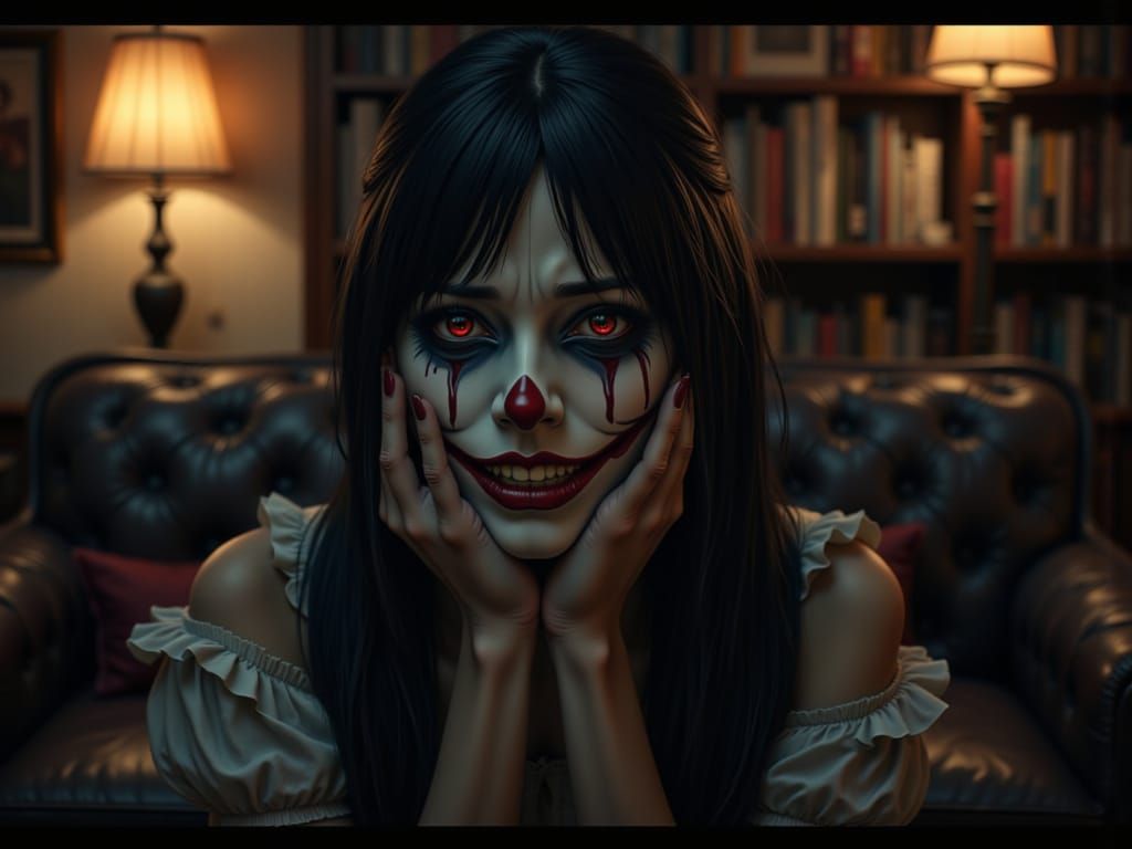 Depressed Woman Holding Happy Mask in Dimly Lit Room