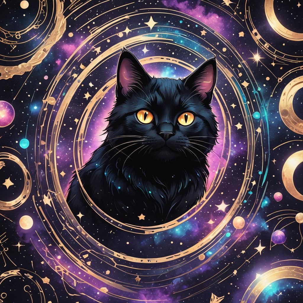 Cosmic Black Cat Logo in Astral Holographic Style