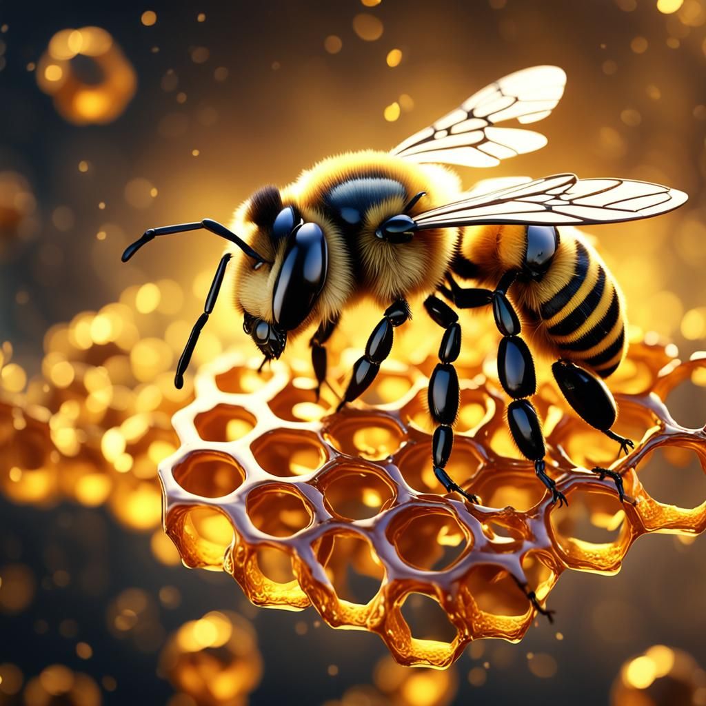 Honeybee Flying Above Golden Honeycomb Cloud