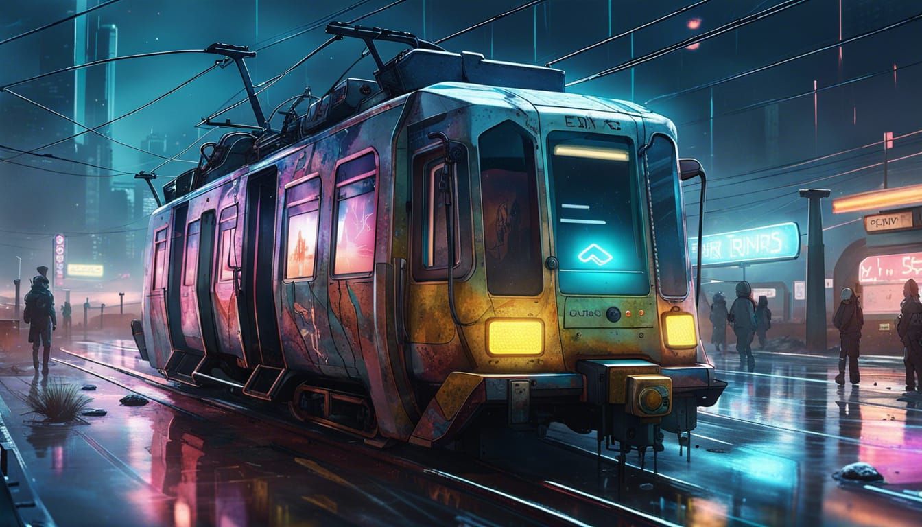 Cyberpunk Tram in Desert Sunset: Anime Style