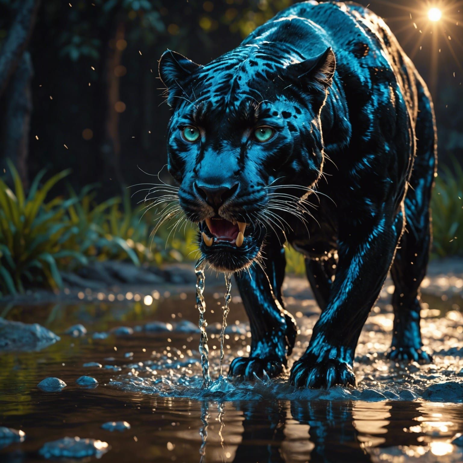 Photorealistic Panther Drinking Water, Bioluminescent Render...