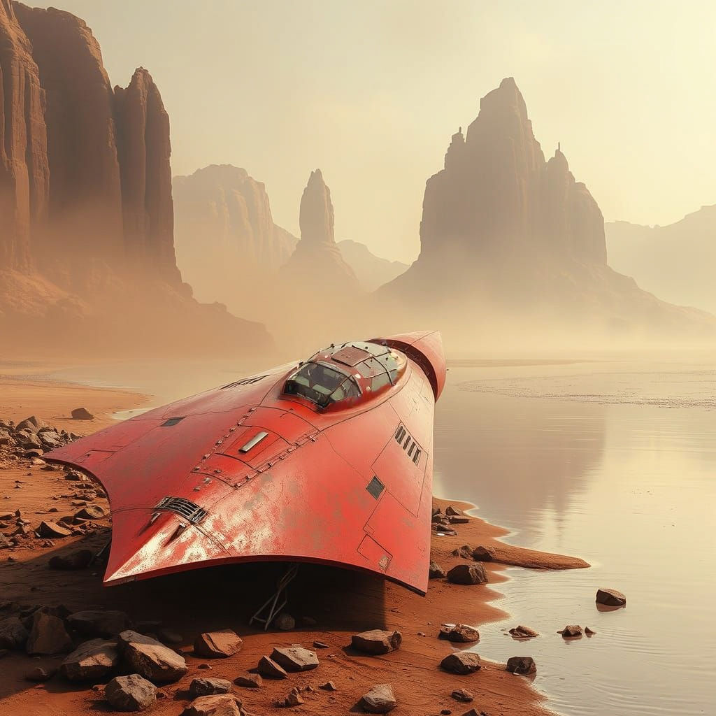 Stranded Suborbital Ship on a Rocky Riverbank in a Mysteriou...
