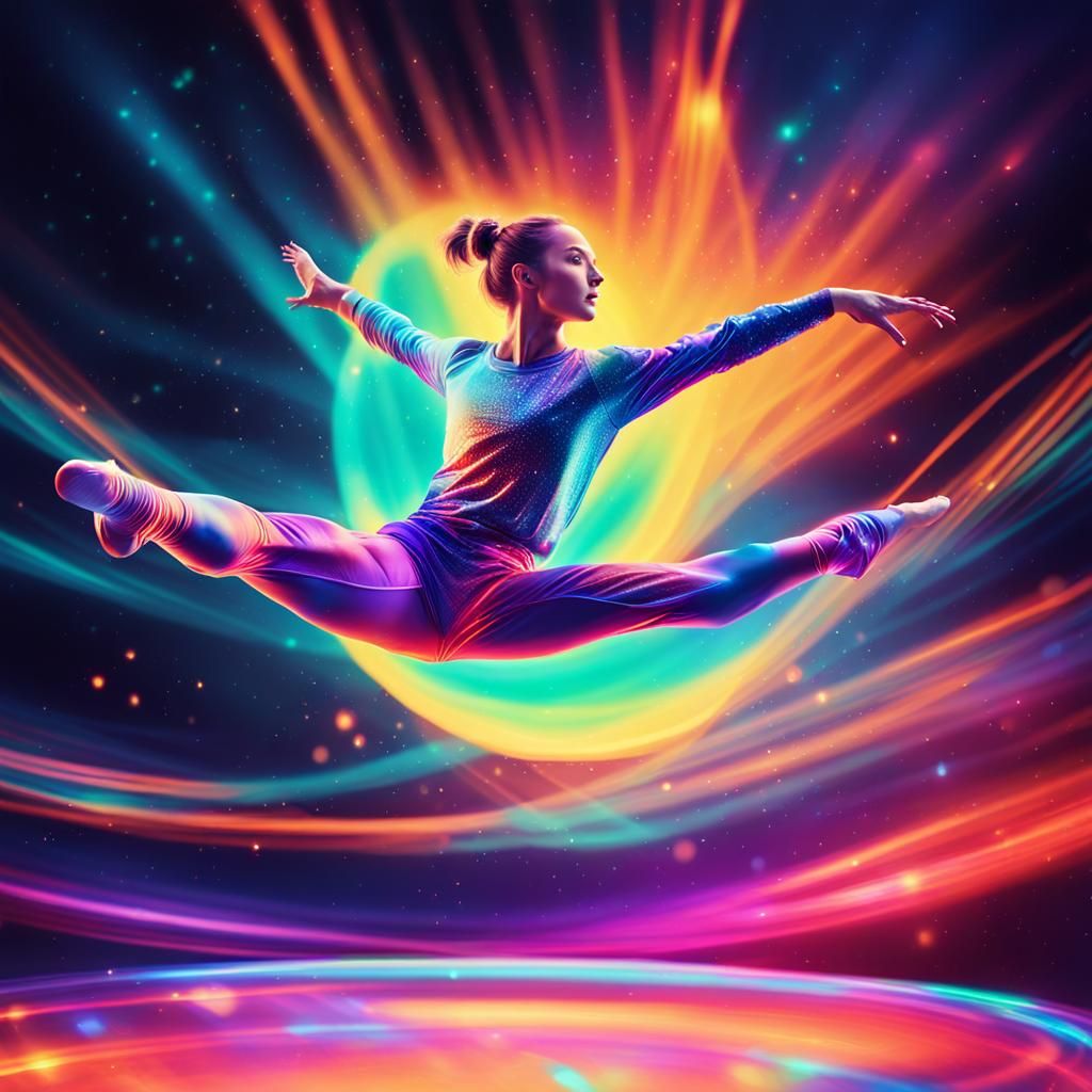Gymnast's Astral Leap: Holographic Neon Illustration