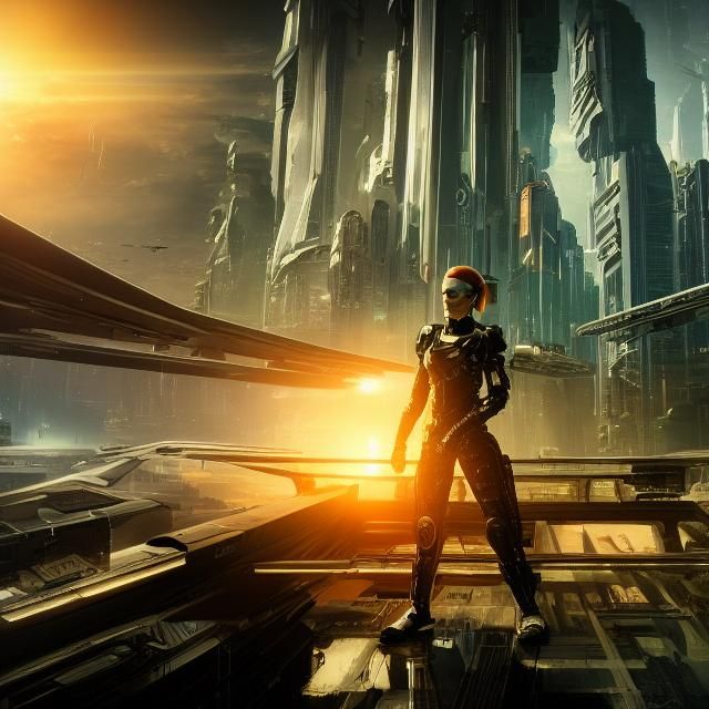 Cyborg Pilots on Starship Bridge in Cyberpunk Style