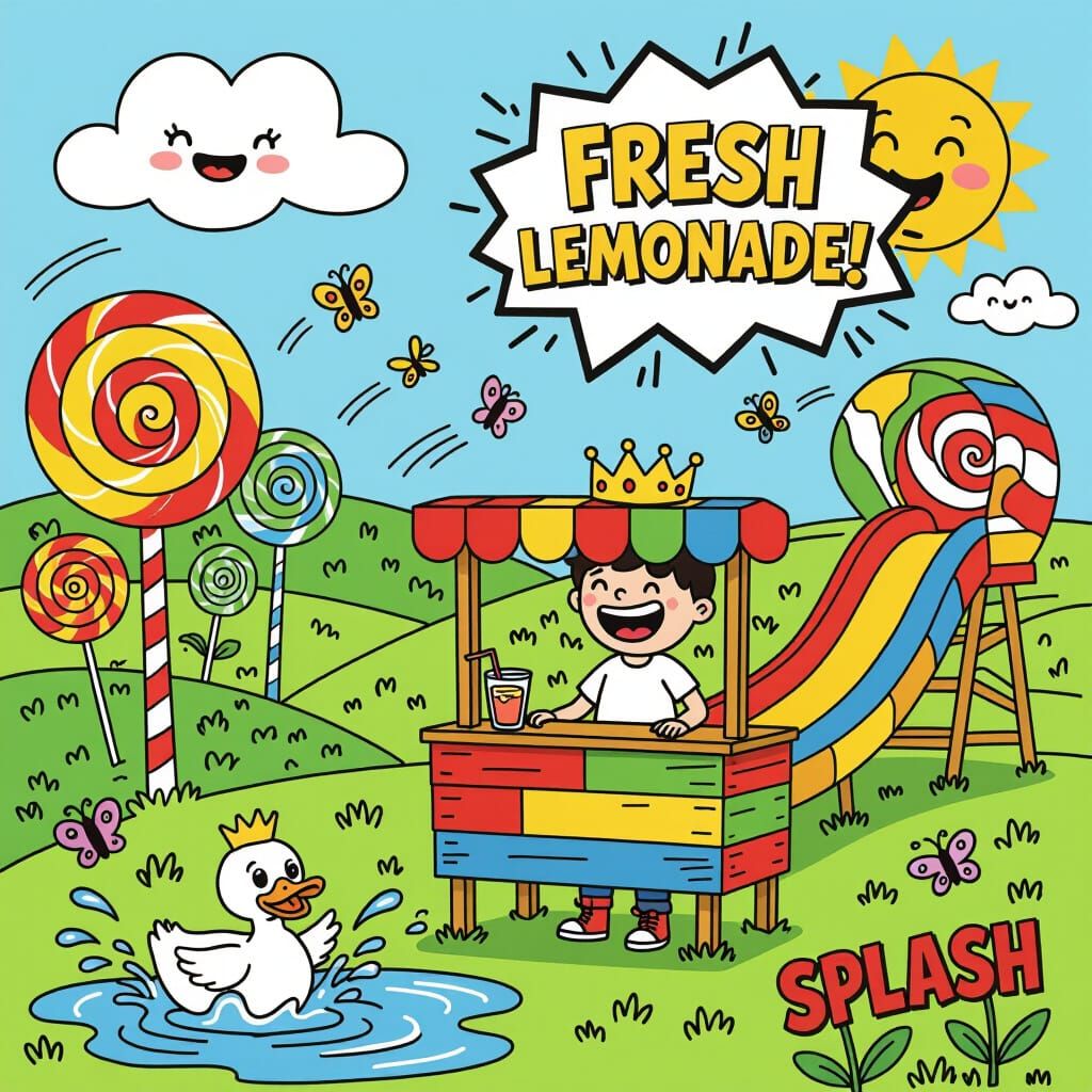 Playful Comic-Style Park Scene with Cartoon Elements