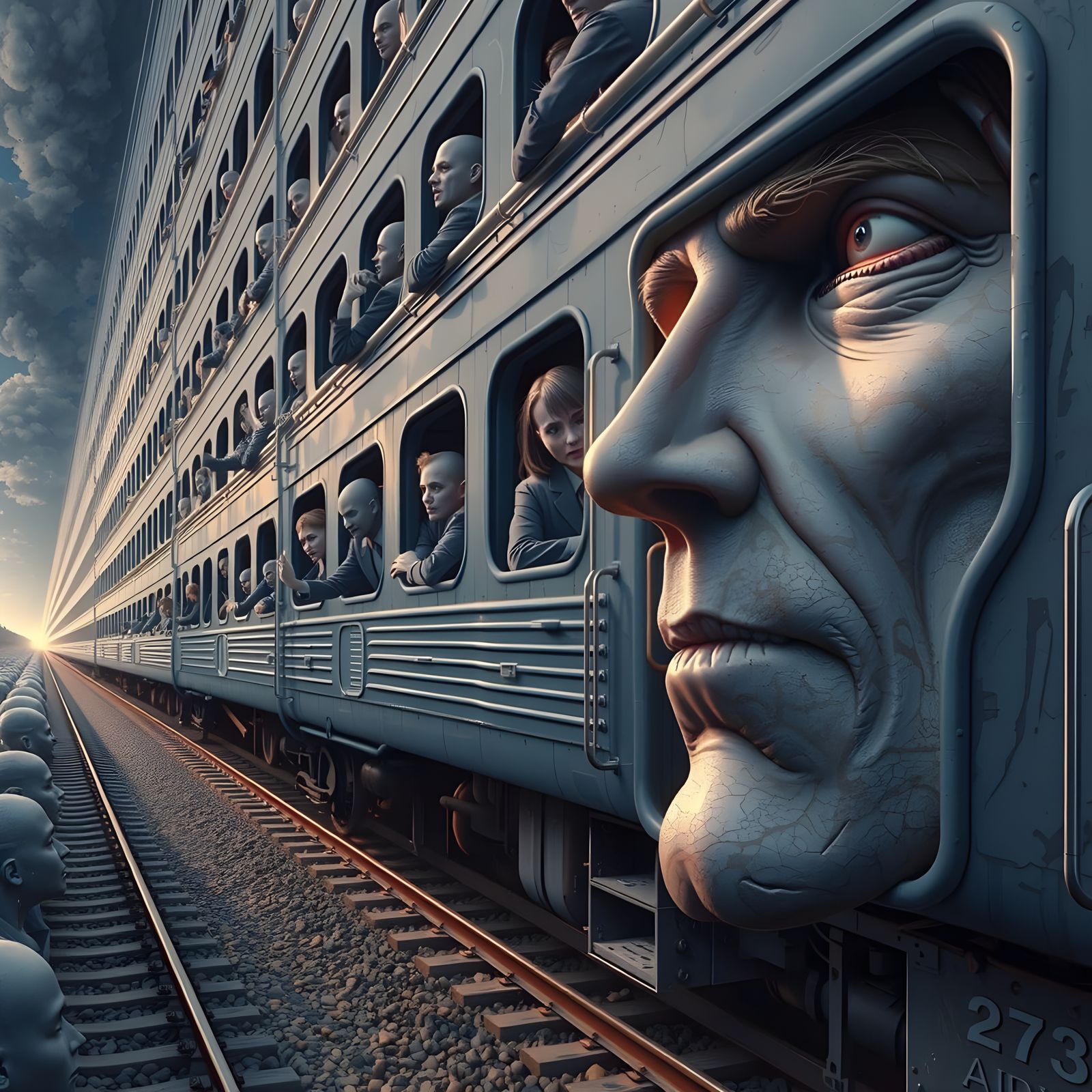 Surreal Train Journey in Hyperrealistic Style