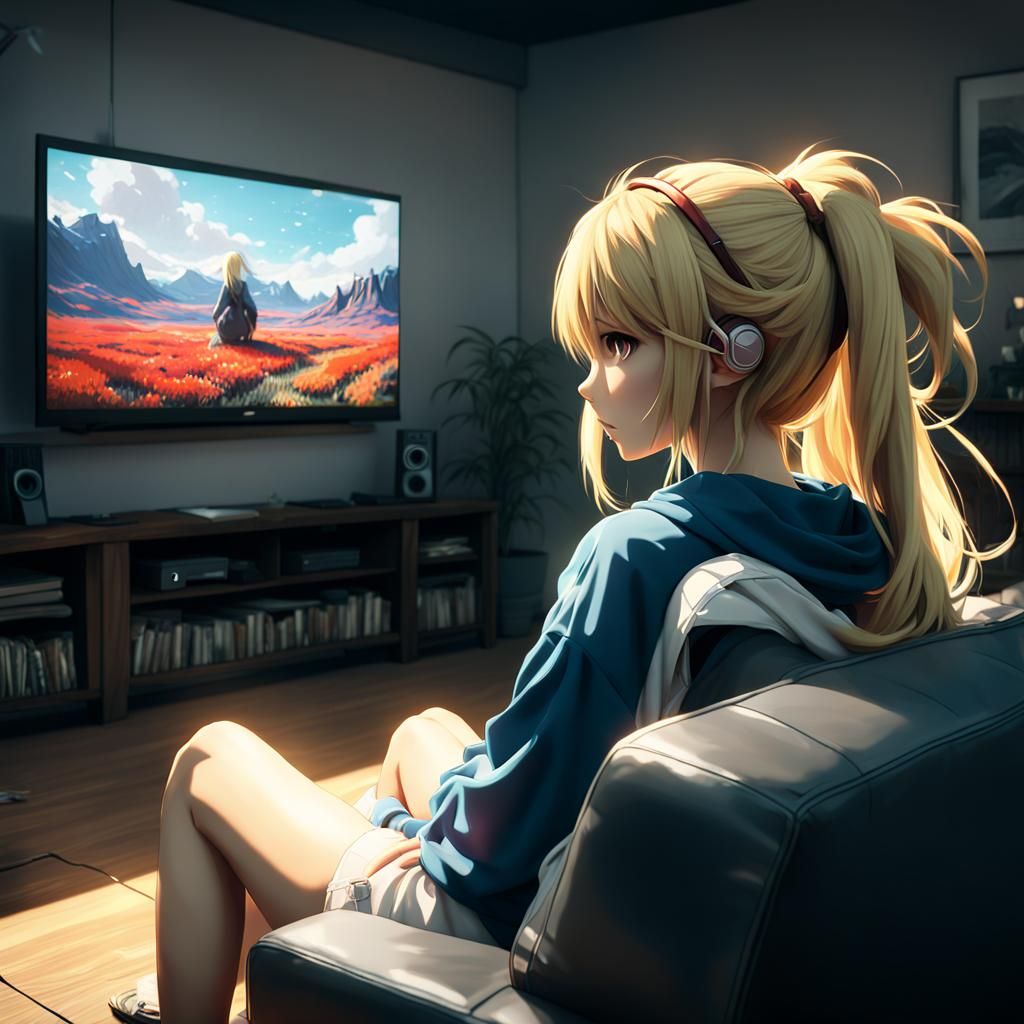 Anime-Inspired 3D Rendering of Girl Watching TV