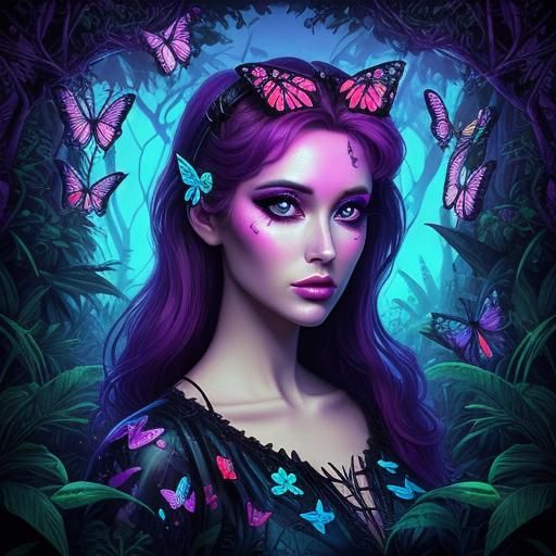 Girl with Butterflies in Neon Enchanted Forest