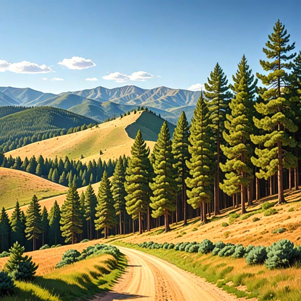 Pine Trees Along a Rustic Dirt Road on a Sunny Day