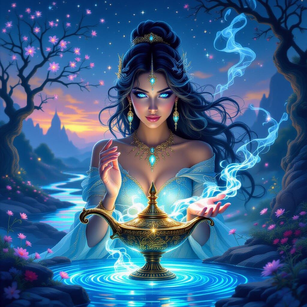 Cosmic Jinn Emerges from Ornate Lamp in Digital Painting