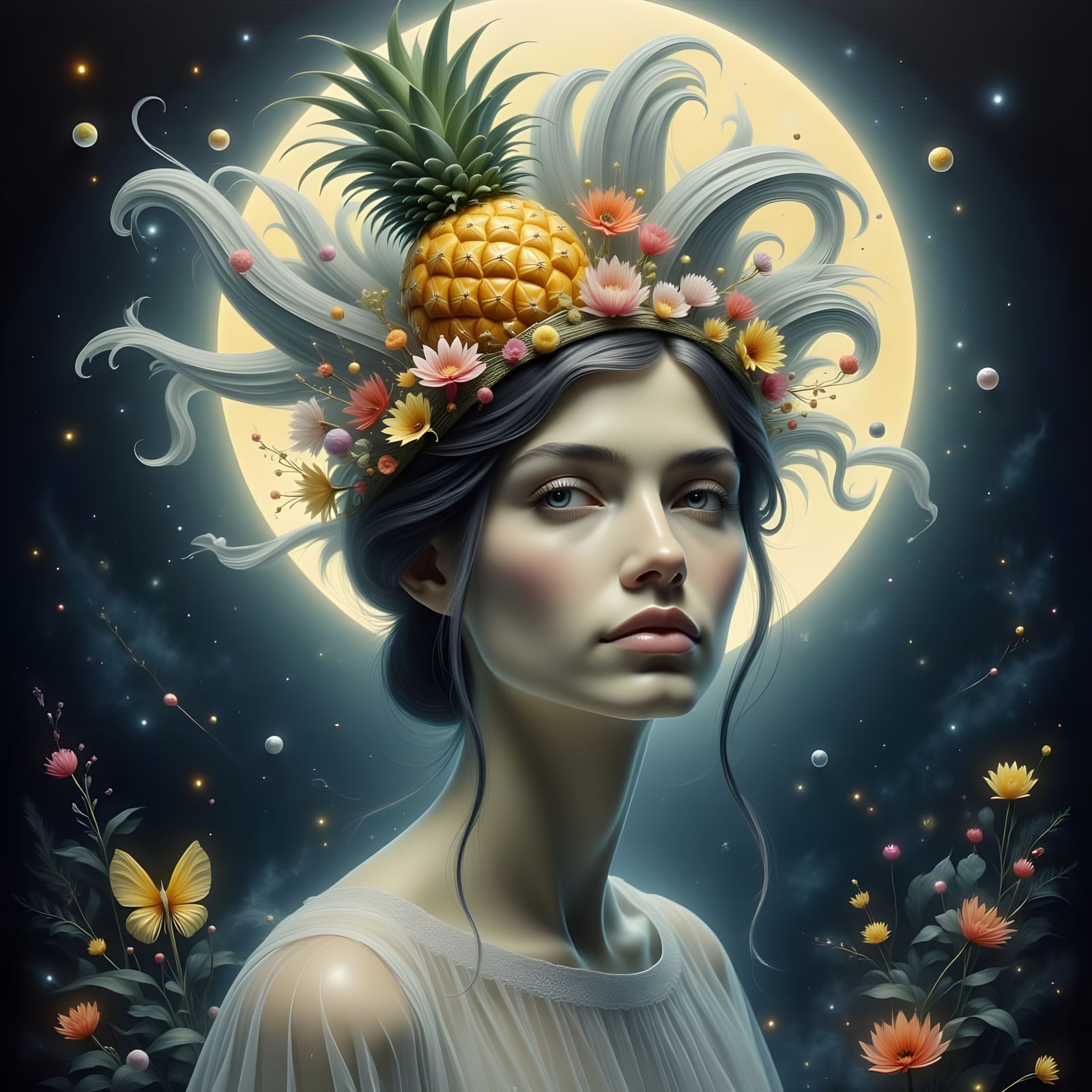 pineapple hat on ethereal woman