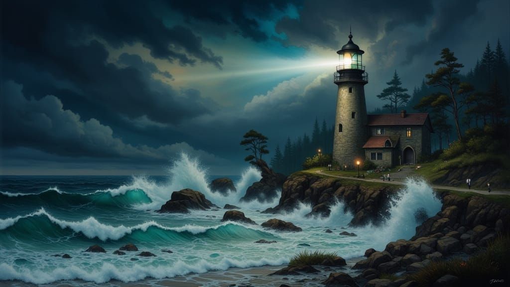 Lighthouse on Stormy Coastline in Romantic Realist Style