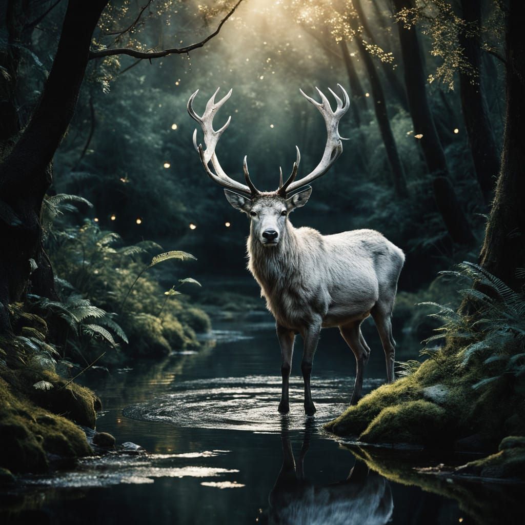 Majestic White Stag in Bioluminescent Garden