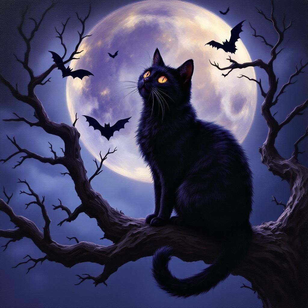 Black Cat on Branch in Oil Painting for Halloween