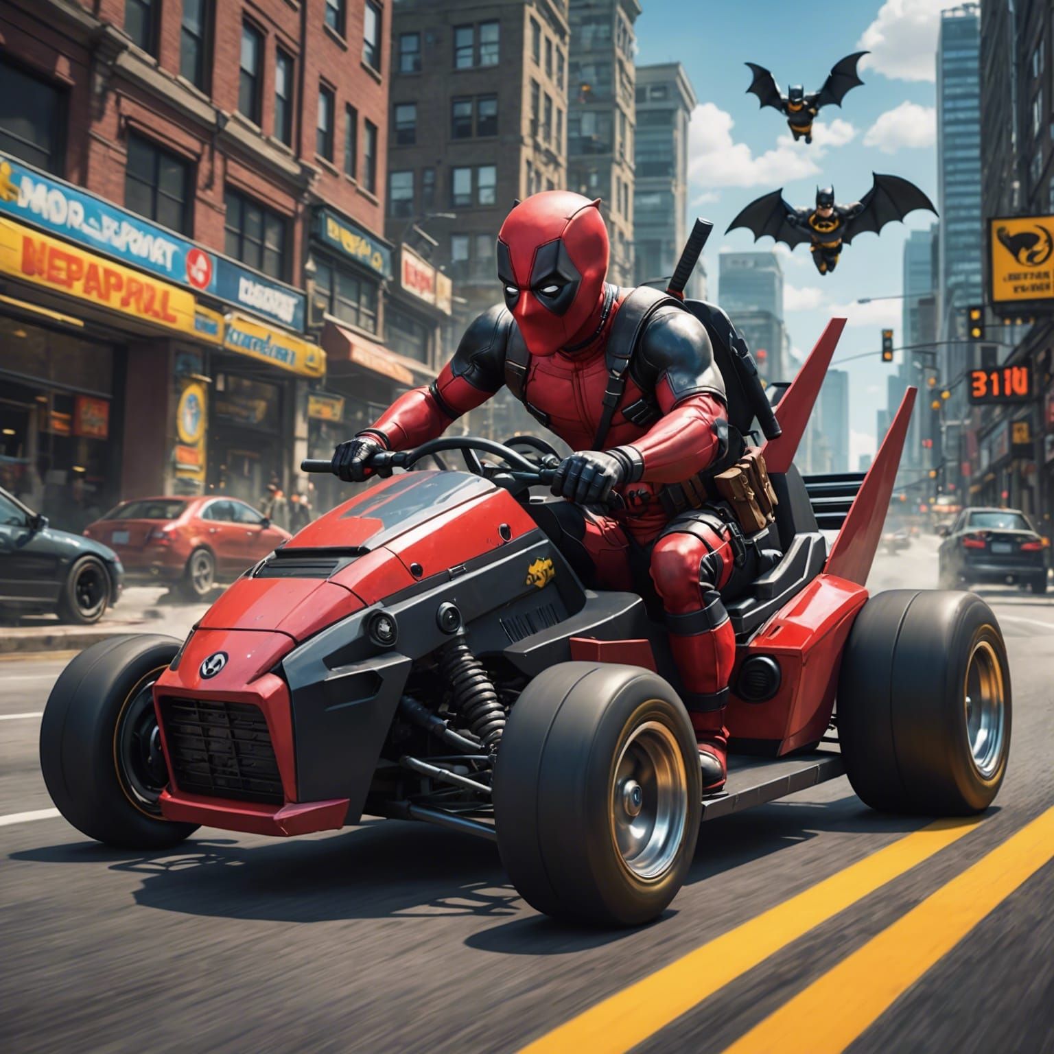 Deadpool and Batman in Fiery Mario Kart Race