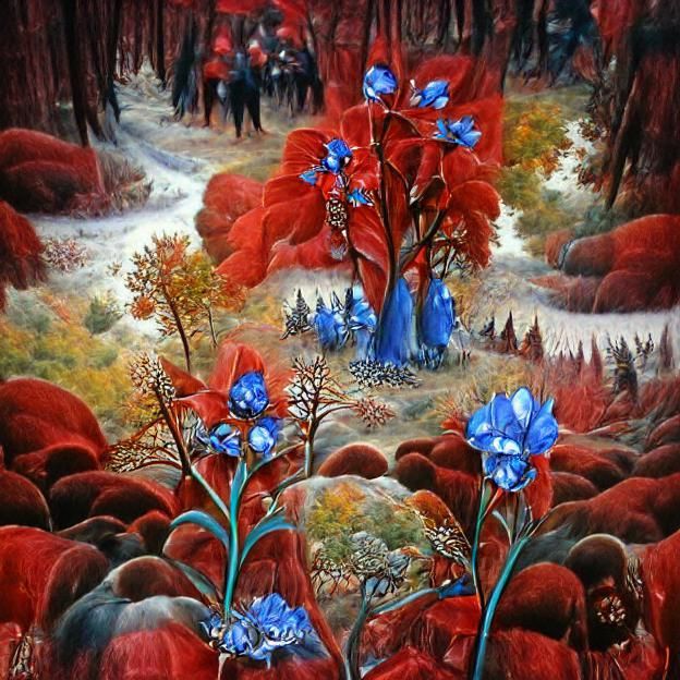 Fantasy Blue Flowers in Red Autumnal Forest