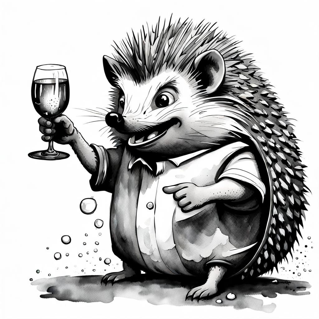 Cheerful Drunk Hedgehog in Watercolor