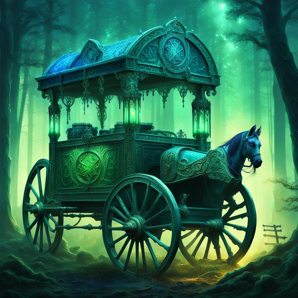 Ethereal Cart on Mystic Forest's Edge in Art Nouveau Style